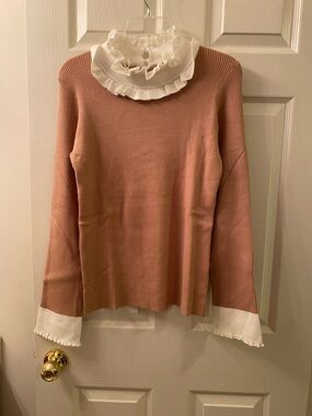 Identity Ruffled Collar Pink Knit Sweater with White Accents